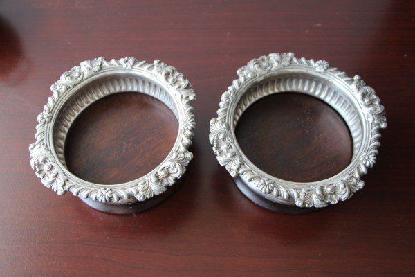 PAIR OF 19TH C SHEFFIELD SILVER WINE COASTERS: GADROON AND FOLIATE BORDER 6.5" D