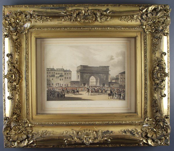 1816 AQUATINT IN LOVELY GILT FRAME: GRAND ENTRY OF THE ALLIED SOVEREIGNS INTO PARIS ON THE 31ST MARCH 1814. PUBLISHED BY R. BOWYER PALL MALL 1816. WE WOULD SUGGEST THAT THE FRAME HAS MORE VALUE THAN THE SUBJECT MATTER. FRAME IS DAMAGED,