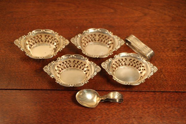 4 BIRKS STERLING NUT DISHES, SPOON, NAPKIN HOLDER (1 of 2)