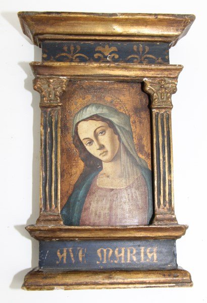 19TH C. FRANCE - PAINTED ON WOOD IMAGE OF MADONNA: WITHIN A GILDED AND EBONIZED COLUMN FRAME WITH TAG FROM PARIS ANTIQUE STORE EN VERSO