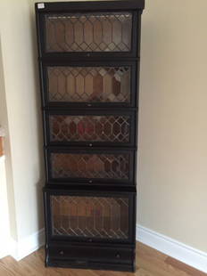 VINTAGE OAK LEAD GLASS STACKING BOOKCASE: 25.5" x 14" 70" H