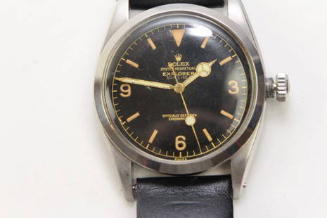 MENS VINTAGE ROLEX EXPLORER 6610: EXPLORER BREVET 6610 SERIAL: 114XXX 1:56 ENGRAVED TO CASE BACK STAINLESS STEEL 34.6MM CASE BLACK DIAL, LUMINOUS MERCEDES HANDS , GILT BAR MARKERS AND ARABIC NUMBERS AT 3-6-9 AND TRIANGLE AT 12 "OYSTER