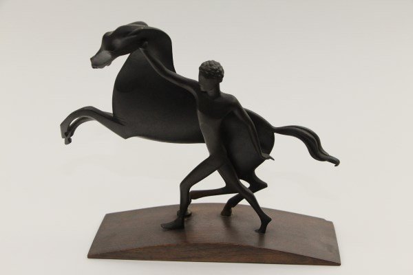 VINTAGE BRONZE FIGURE OF YOUNG MAN WITH HORSE (1 of 2)