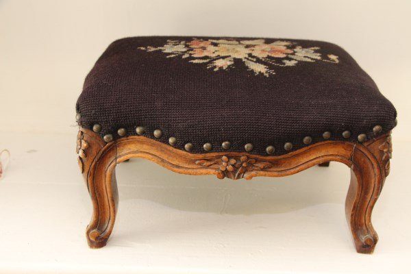 VICTORIAN HAND CARVED CABRIOLE LEG FOOTSTOOL: WITH NEEDLEPOINT SEAT 8" X 13"