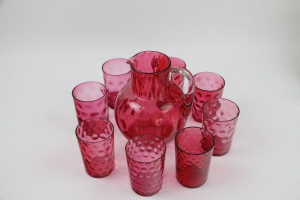 VICTORIAN CRANBERRY HOBNAIL PITCHER & SIX TUMBLERS (1 of 2)