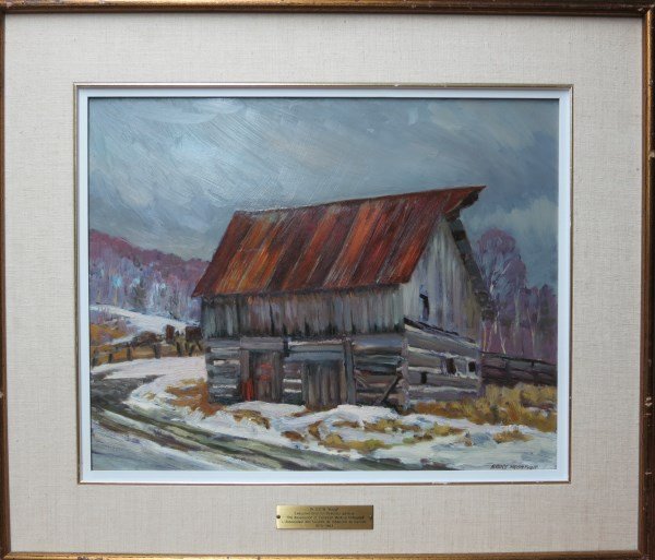 BRUCE ALLEN HEGGTVEIT - OIL ON BOARD: CANADIAN (1917-2003) TITLED "EDELWEISS BARN" 16 X 20 IN/ 41 X 51 CM