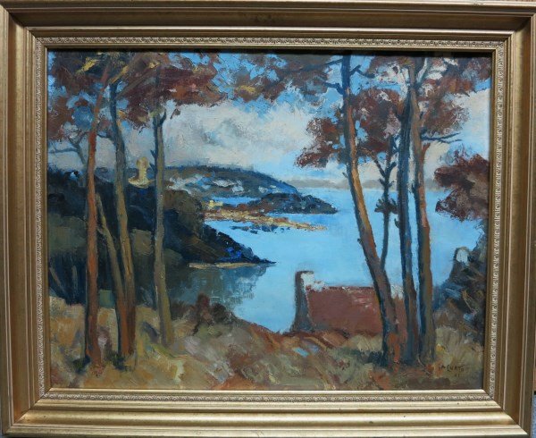 FRANCESCO IACURTO R.C.A. - OIL ON CANVAS: CANADIAN (1908-184) UNTITLED - VIEW OF THE ISLAND 18.5 X 24 IN/46 X 61 CM