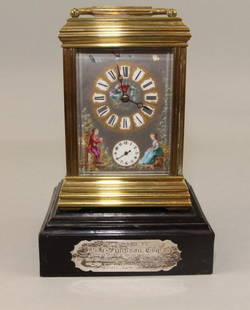 SUPERIOR QUALITY FRENCH REPEATER CARRIAGE CLOCK: HAND DECORATED FACE WITH ENAMELLED ROMAN NUMERALS, MAIDEN DECORATED PANELS. GIFT OF MARRIAGE IN 1880 NO KEY 6" H X 3.75" W