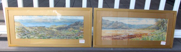 CAROLINE ROOKE - PAIR OF WATERCOLOURS: TITLED "KYLESPORT LOCHE SCOTLAND" 6.5 X 19.5 IN/18 X 51 CM
