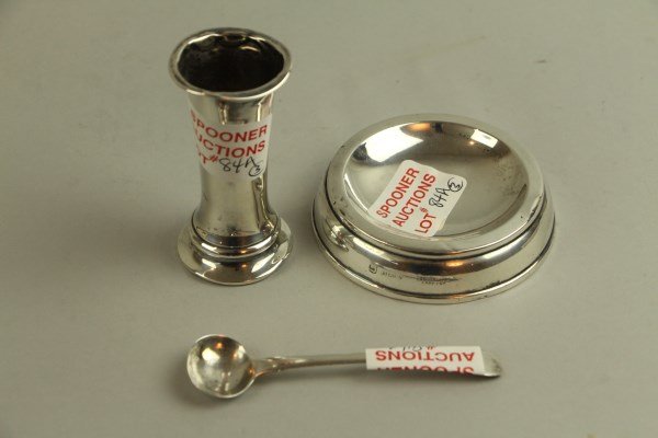 THREE PIECES ENGLISH STERLING: GEORGIAN EDINBURGH SERVING SPOON, SMALL VASE AND HOLDER WITH BIRMINGHAM STERLING MARKS, 3" D AS FOUND