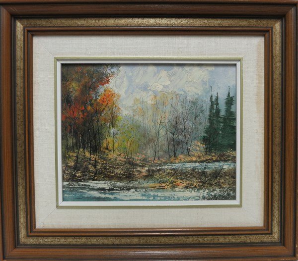 LEVENTE KOVACS - OIL ON BOARD: CANADIAN (1922-?) UNTITLED - LATE FALL RIVER SCENE 8 X 10 IN/ 20 X 25 CM