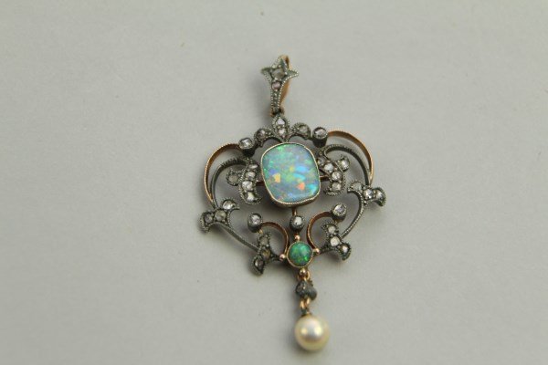 GOLD VICTORIAN OPAL, DIAMOND AND DROP PEARL BROOCH (1 of 1)