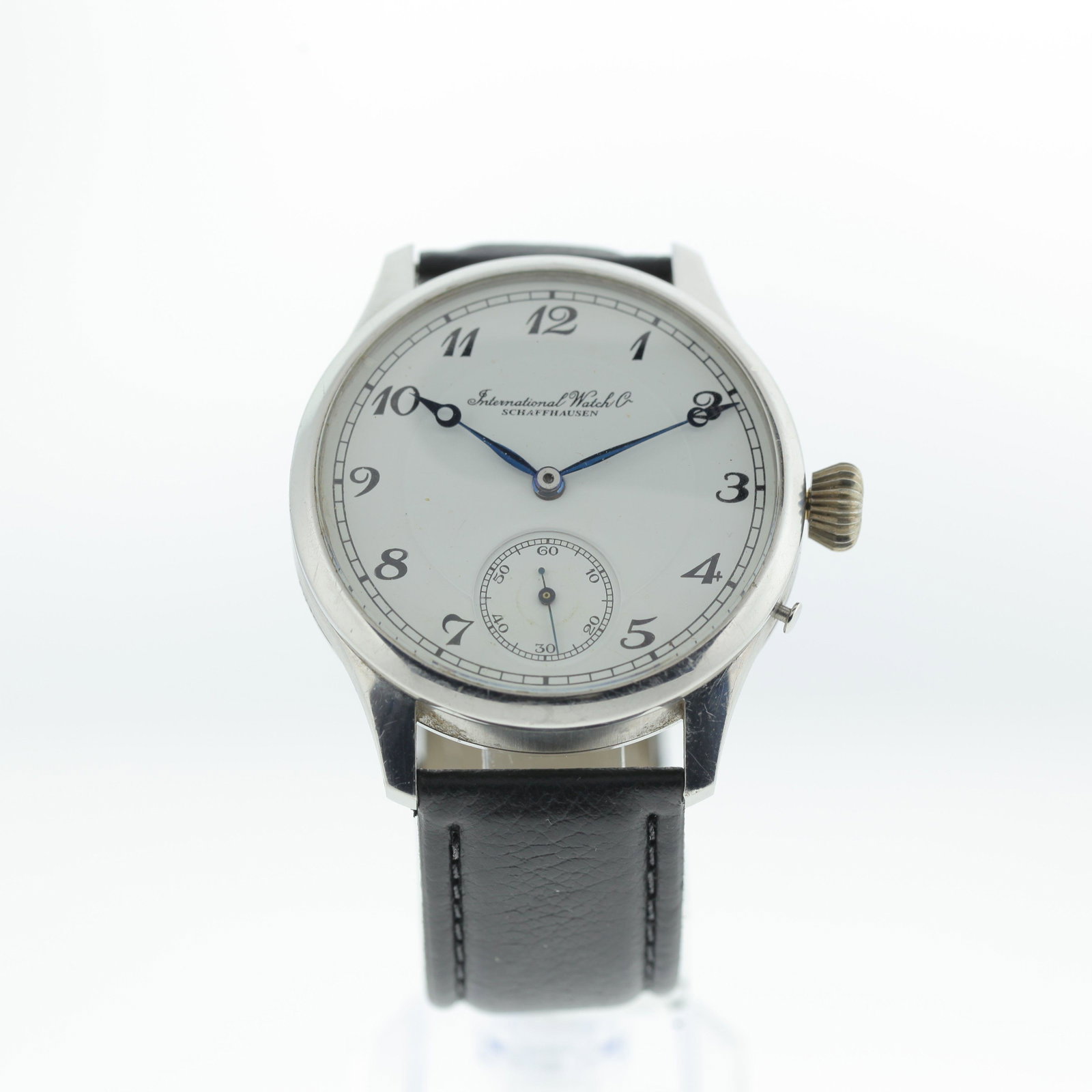 IWC Schaffhausen Oversize Extra Large Wristwatch: International Watch Company Caliber 53, 16 Jewel Pin Set Movement is in Custom Stainless Steel Case with Observation Back. The leather strap watch weighs 100.1 grams - Examine all photos closely. Cont