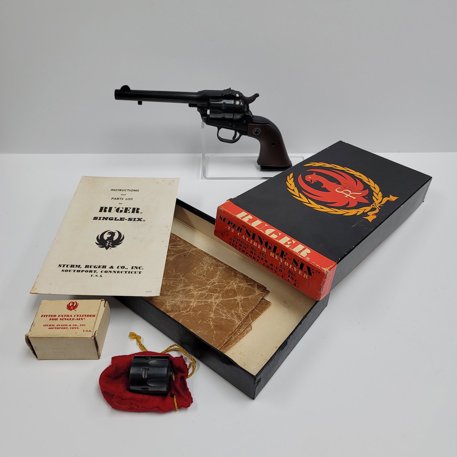 NOS UNFIRED PRE-1970 RUGER SUPER SINGLE-SIX CONVERTIBLE REVOLVER: NEW OLD STOCK IN ORIGINAL BOX WITH ORIGINAL PAPERS, UNFIRED PRE-1970 RUGER SUPER SINGLE-SIX REVOLVER WITH ORIGINAL