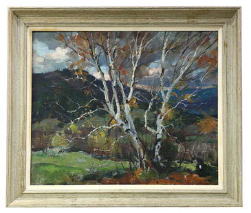 Emile Albert Gruppe (1896–1978) Cloudy Day Branches: Emile Albert Gruppe (American 1896-1978) oil on canvas titled Cloudy Day Branches. Gruppe is well known for his paintings depicting the autumnal and wintry landscapes of New England. This work