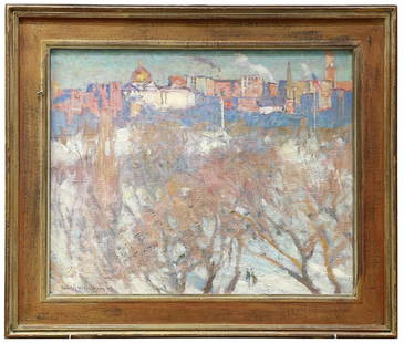 Charles Woodbury (American 1864-1940) "Beacon Hill" Oil: Oil on canvas titled "Beacon Hill" by artist Charles Herbert Woodbury (American 1864-1940). Charles was very well known for his sea and coastal compositions. This particular work depicts a snowy