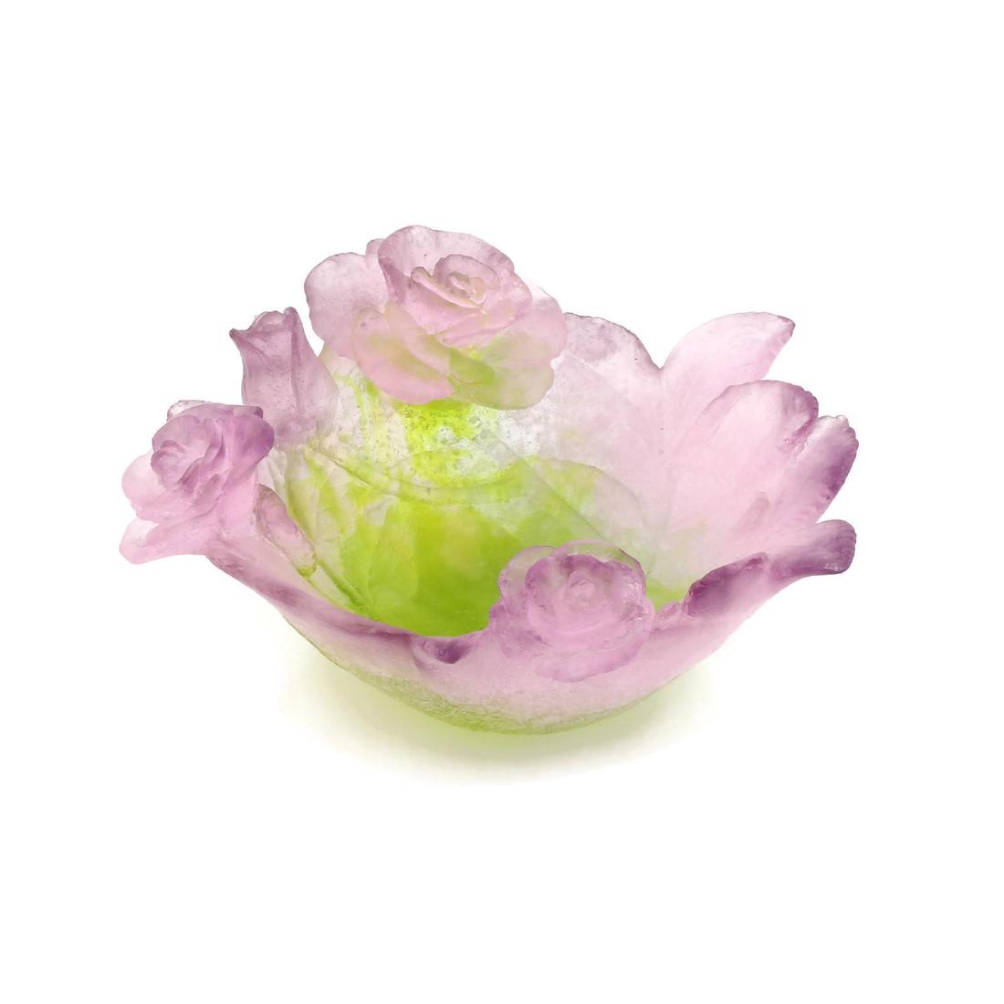 Daum Pate De Verre Roses Shallow Bowl with Box # 01963: Daum Pate De Verre shallow bowl titled "Roses" with original box. Model number 01963. Measures 7" tall. In excellent condition showing no visible chips or cracks. Current List Price $371.00 Pleas
