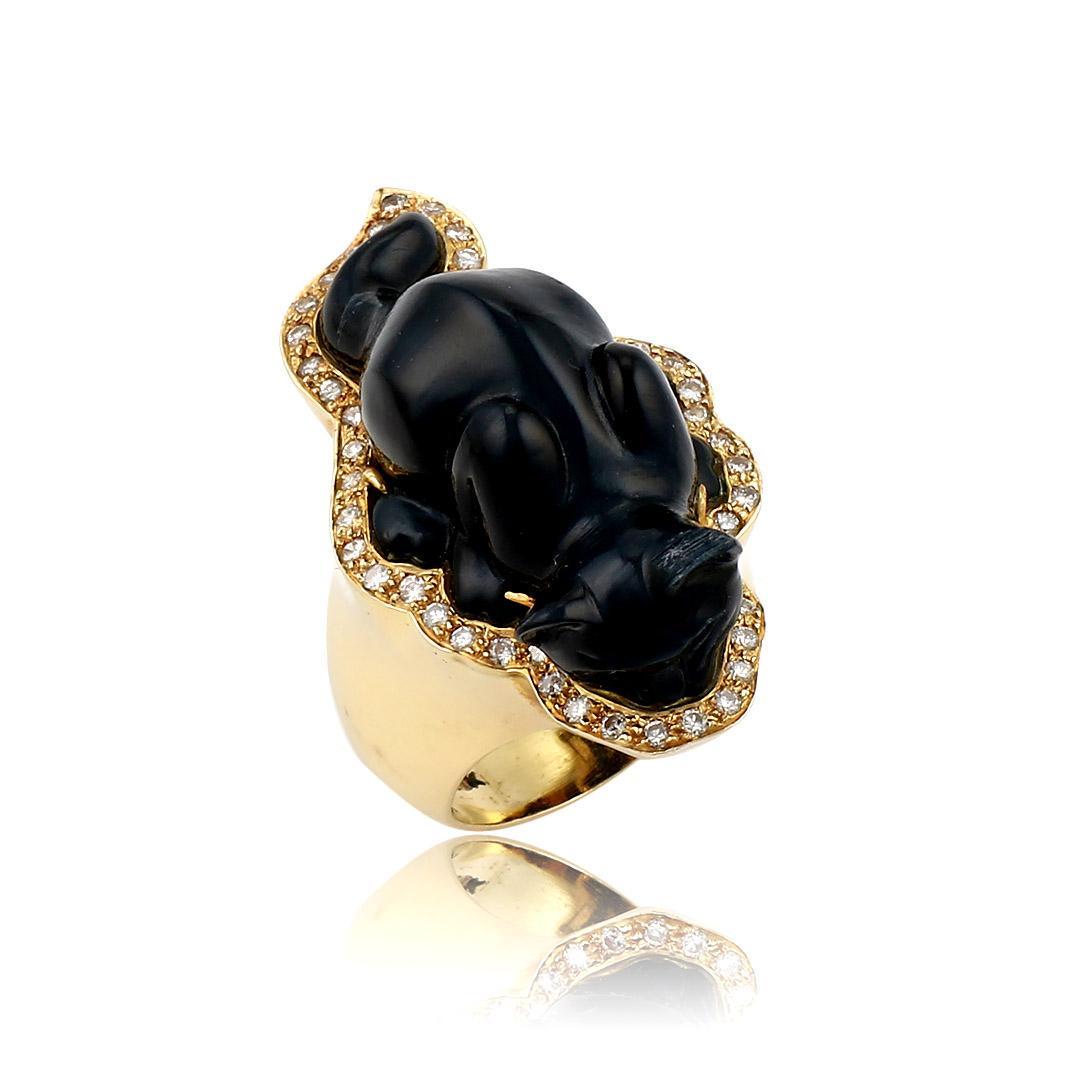 Carved Onyx Cat Ring with Diamonds 18K Yellow Gold (1 of 4)