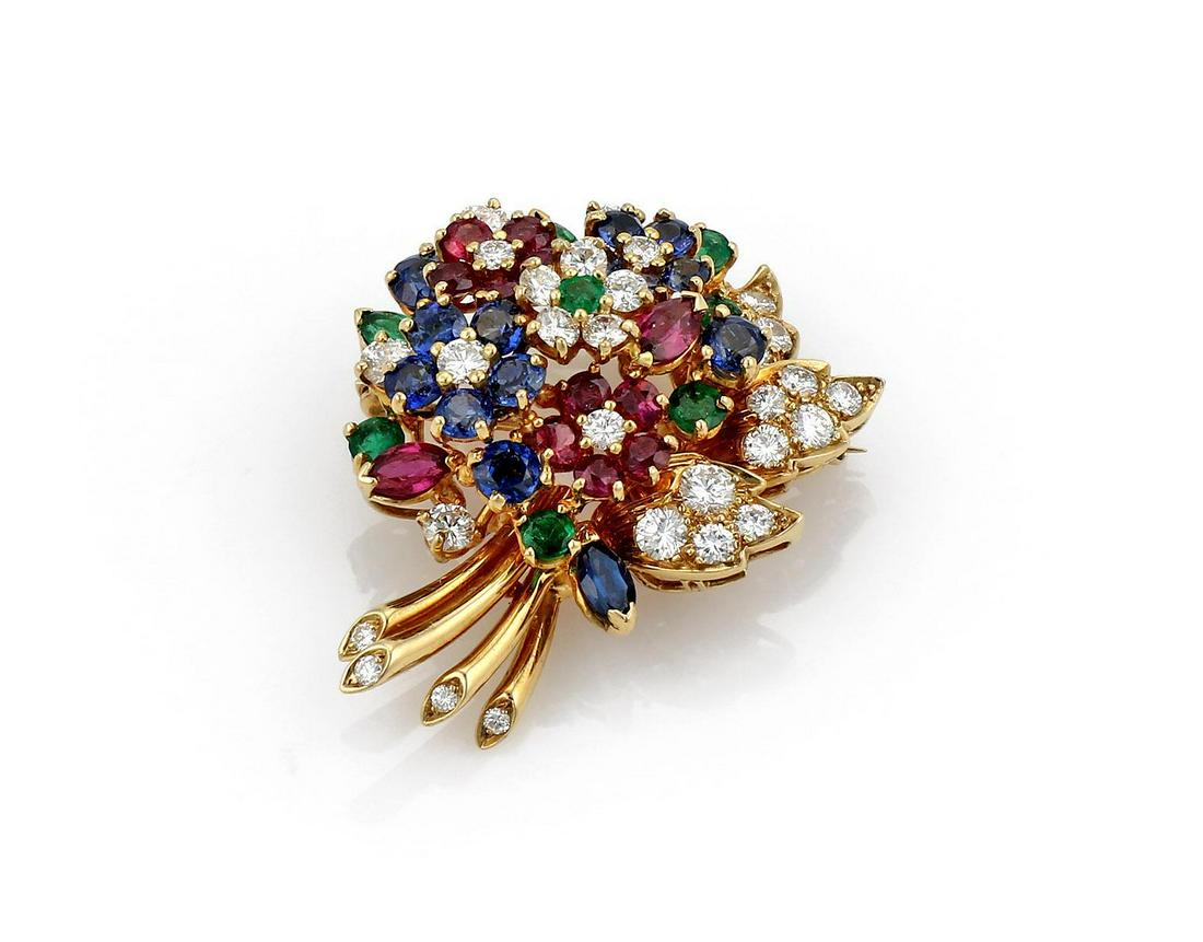 Diamond & Multi Color Gemstone Flower Brooch 18K/Plat (1 of 4)