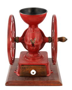 Antique Enterprise Manufacturing Co. Coffee Mill: Antique Enterprise Manufacturing Co. Coffee Mill. Patented 1873. Measures - 14" high x 11" wide. Condition - consistent with age wear. We are not glass experts and have tried to identify