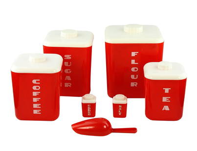 Lustro Ware Container Set: Lustro Ware Container Set. Measures vary - 6" - 7 1/2" high. Condition - consistent with age wear. We are not glass experts and have tried to identify the pieces to the best of our ability.