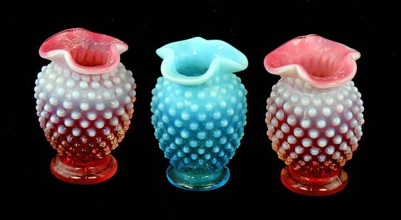 Vintage Depression Glass Fenton Small Hobnail Vases: Vintage Fenton Small Hobnail Vases. Measures - 3 1/4" high. Condition - consistent with age wear. We are not glass experts and have tried to identify the pieces to the best of our ability. 