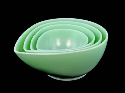 Vintage Swedish Modern Fire-King Jadeite Bowl Set: 4 Pc. Vintage Swedish Modern Fire-King Jadeite Bowl Set. Measures vary - 6 1/2" - 11" diameter. Condition - excellent. We are not glass experts and have tried to identify the pieces to the best of our