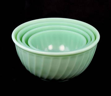 Vintage Depression Glass Fire-King Jadeite Swirl Bowl: 4 Pc. Vintage Fire-King Jadeite Swirl Bowl Set. Measures - 6" - 9" diameter. Condition - excellent. We are not glass experts and have tried to identify the pieces to the best of our ability. 