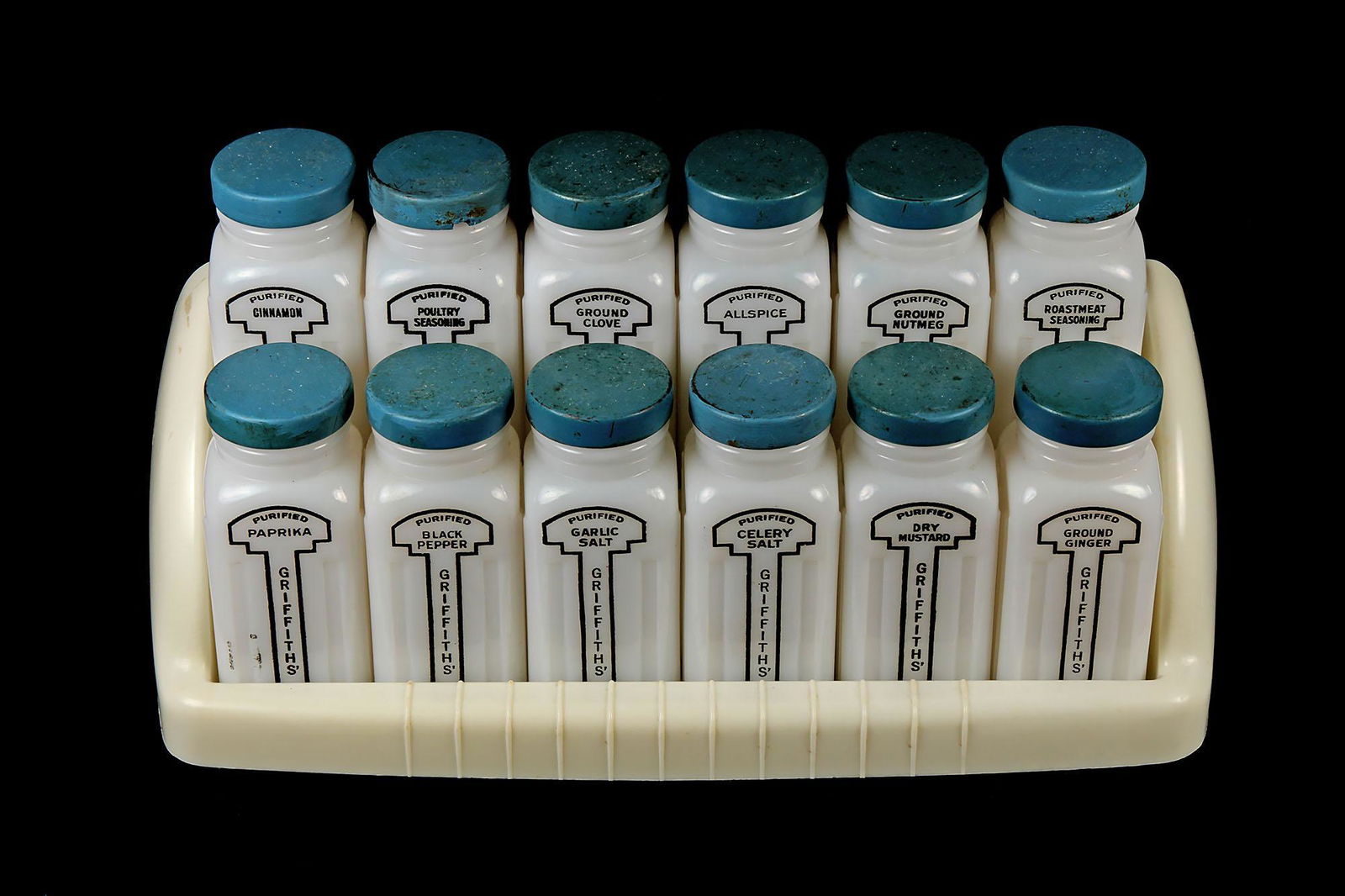 Vintage Depression Glass Griffiths Spice Set and Rack (1 of 1)