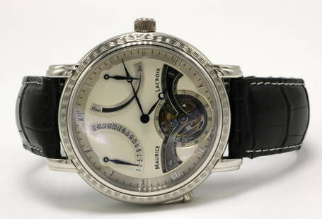 Maurice Lacroix "Masterpiece" Platinum & Leather Watch: Maurice Lacroix "Masterpiece" Platinum & Leather Tourb Retrograde Watch."MP7088-P6101-120 0004". Retail - $150,000. #PW13352 Please review all photos closely. Contact us for more detailed