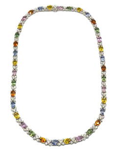 Fabulous 18Kt Mult-Colored Sapphire & Diamond Necklace: Fabulous 18Kt White Gold Mult-Colored 27.00ct. Sapphire & 7.00ct. Diamond Necklace. Measurements - 15" long. #PJGRAN150 Please review all photos closely. Contact us for more detailed