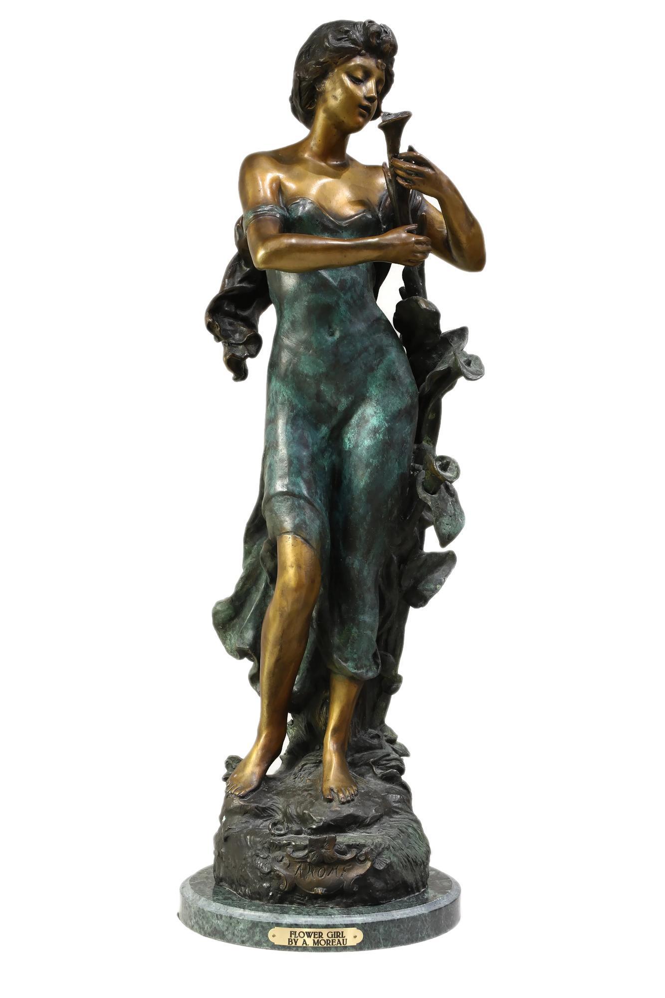 Auguste Moreau (French, 1826-1897) Flower Girl Bronze: Bronze titled "Flower Girl" by Auguste Moreau. Mounted on a fine Italian marble base. Measures approx 35" tall x 11" wide. Please review all photos closely. The nonappearance of a condition report doe