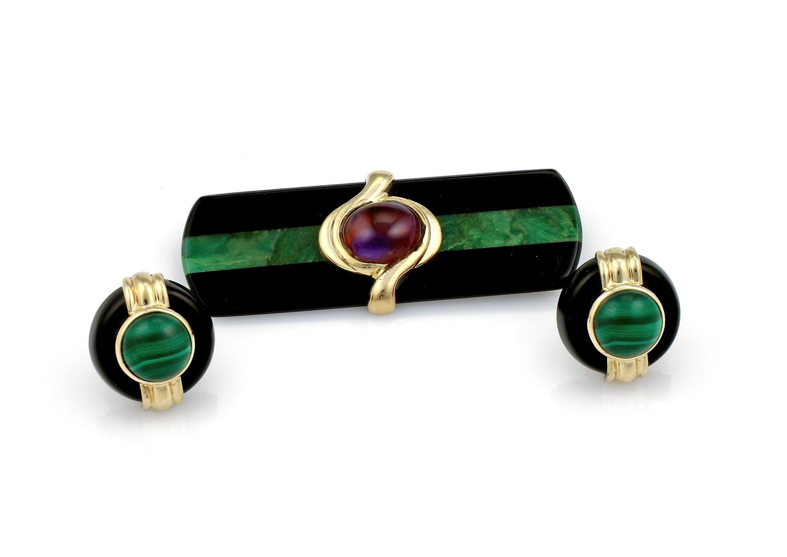 Malachite and Onyx Earring / Brooch Suite: Silver with yellow gold plate earring and brooch set featuring malachite and onyx. The brooch measures 73mm long x 24mm wide. The earrings are 25mm x 22mm. 48 grams total for the set wpm915003 Please