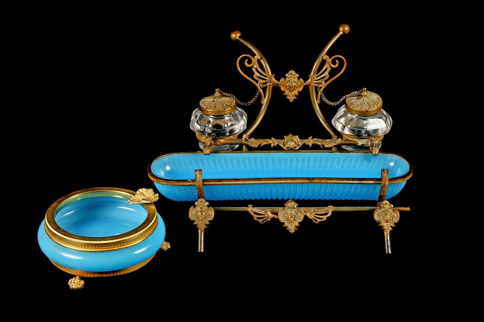 Antique French Glass and Bronze Pen and Ink Tray (1 of 1)