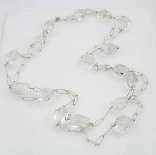 Long 70" Semi Precious Gemstone Necklace: Silver link necklace with large semi precious gemstones throughout. 70" long, gemstones approx 25mm x 17mm and weighs 171 grams. Starting at $1 with No Reserve.