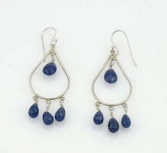 Semi Precious Gemstone Briolette Dangle Earrings: Silver blue gemstone briolette earrings measuring 58mm long x 20mm wide. They weigh 5 grams. Please review all photos closely. The nonappearance of a condition report does not mean that the lot is