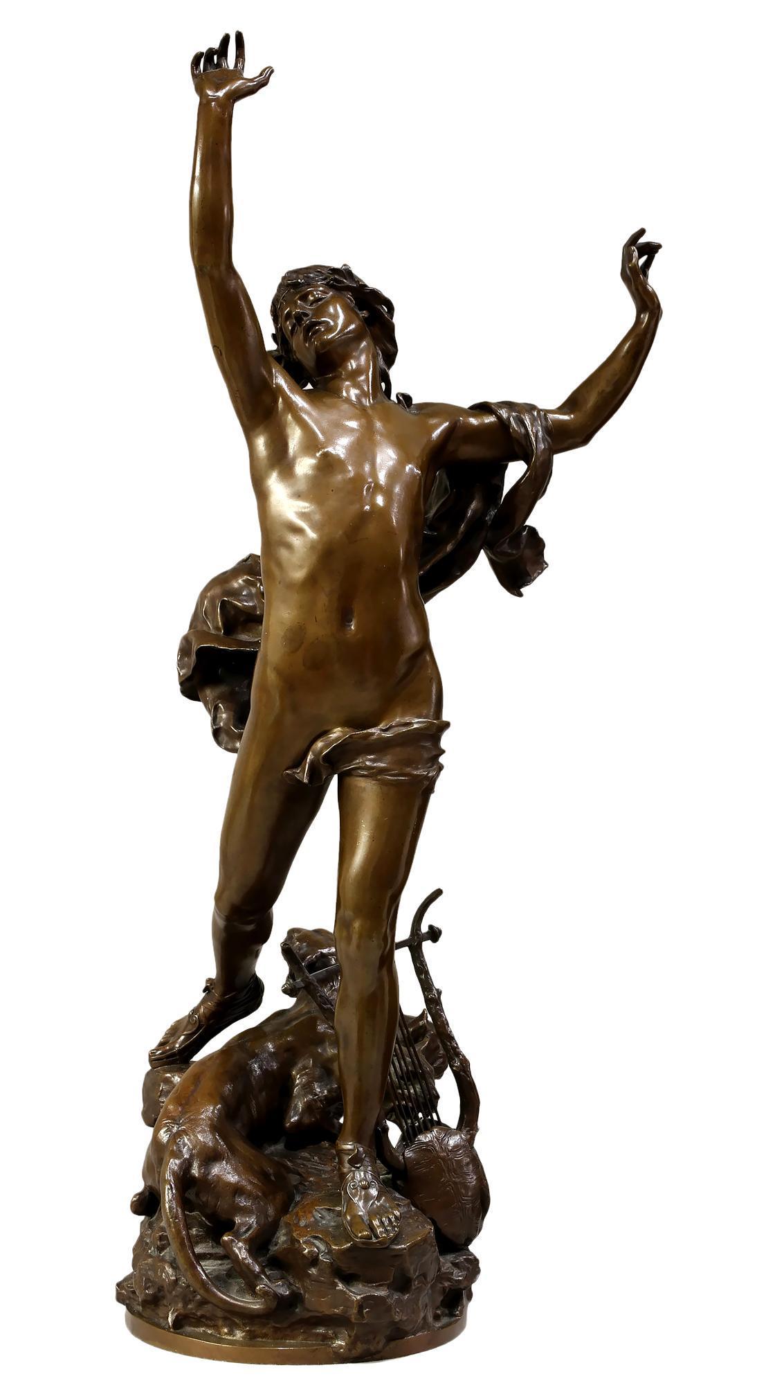 Charles Raoul Verlet (1857-1923) La Douleur D D'orphee: Bronze with brown patina titled La Douleur D'orphee by Charles Raoul Verlet (French, 1857-1923). Measures 32 3/4" tall. Does not include pedestal pictures. Please review all photos closely. Contact us