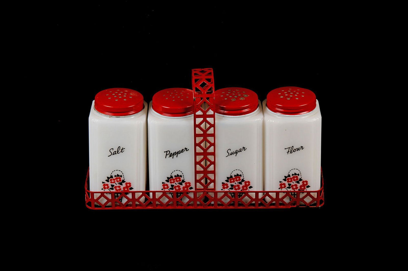 Vintage Depression Glass Tipp 4 Pc Spice Set w/ Rack (1 of 1)