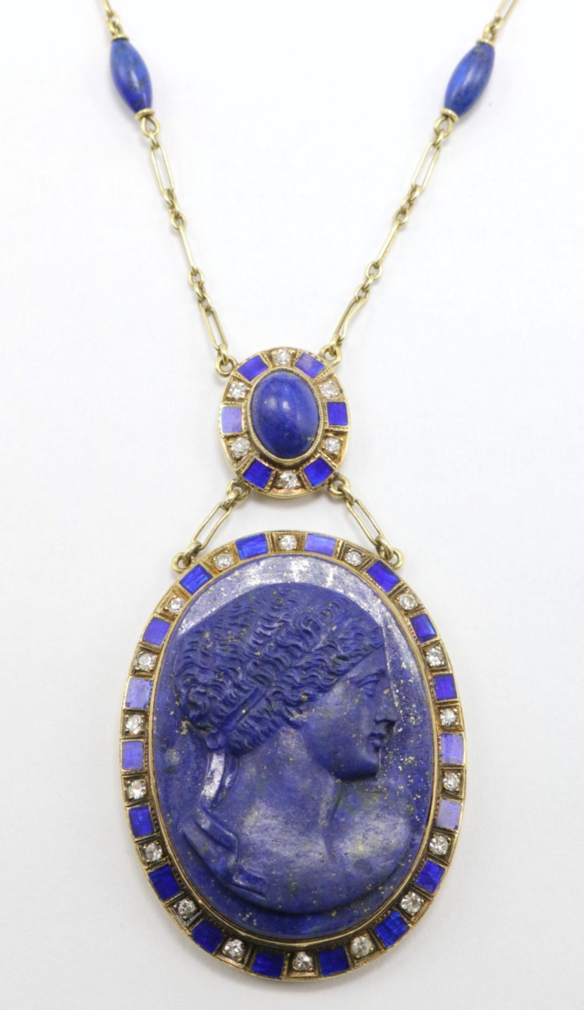 Vintage 14Kt Lapis, Diamond & Enamel Cameo Necklace (1 of 4)