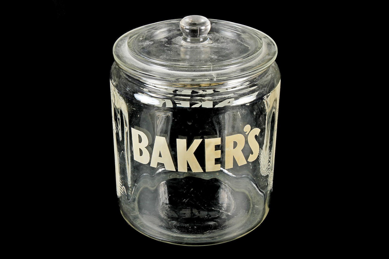Antique Depression Era Bakers AD Cookie Jar: Antique Depression Era Bakers AD Cookie Jar Wonderful jar with clean printing with no chips to the glass 9" H Please review all photos closely. The nonappearance of a condition report does not mean th