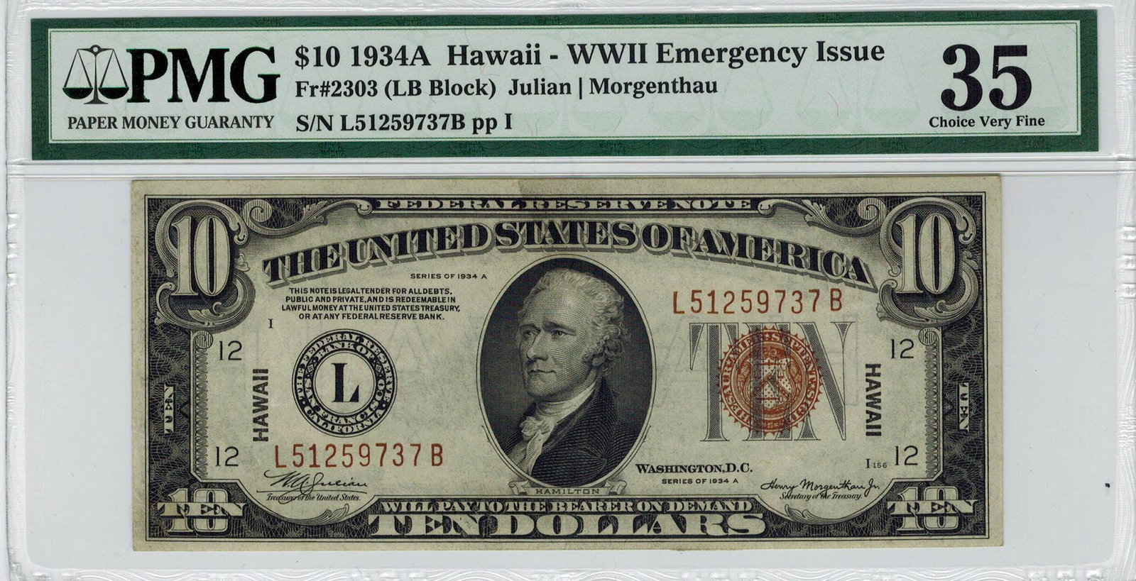 1934A $10 Hawaii WWII Emergency Issue Federal Reserve (1 of 2)