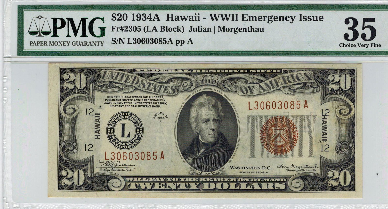 1934A $20 Hawaii WWII Emergency Issue Federal Reserve (1 of 2)