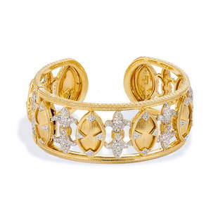 Jude Frances 18K YG Marquis Fleur Diamond Cuff: Maquis Fleur cuff bracelet in 18k yellow gold by Jude Frances featuring 2.28ctw of pave diamonds throughout. Approx 6" inner circumference of the inside of the bangle, 25mm wide, and weighs 87.1