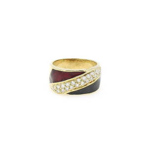 14K Yellow Gold Pave Diamond and Enamel Band: Band in 14k yellow gold featuring red and black enamel along with approx 0.40ctw of round brilliant cut diamonds with H-I color and SI clarity. It is 10mm wide, a size 6.5, and it weighs 7 grams.