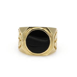 Mens 14K Yellow Gold Black Onyx Ring: Mens ring in 14k yellow gold featuring a black onyx gemstone along with a unique engraving on each side. It is 16mm wide at the top, a size 9.75, and it weighs 9.8 grams. Lightly worn. wsalr02102 