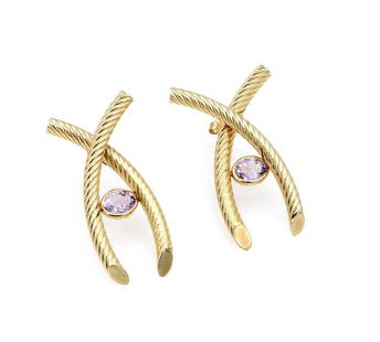 14K Yellow Gold Pink Topaz X Earrings: Fancy earrings in 14k yellow gold featuring a classic X design along with 2 pink topaz gemstones. They are 41mm x 25mm in size and weigh 5.3 grams. wsale03505 ***FREE JEWELRY SHIPPING FOR OUR