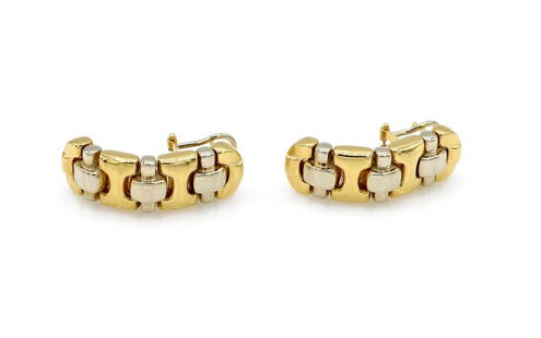 Moda Italy 18K 2 Tone Gold Earrings: Moda Italy earrings in 18k yellow and white gold. They are 37mm x 12mm and weigh 21.2 grams. Signed Moda Italy on the back of the omega clip. wsale02601 ***FREE JEWELRY SHIPPING FOR OUR VIRTUAL