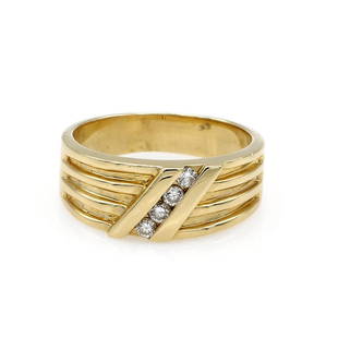 14K Yellow Gold Fancy Diamond Band: Band in 14k yellow gold featuring 4 diamonds set diagonally down the center of the ring weighing approx 0.20cts. It is 8mm wide at the top, a size 9, and weighs 8.9 grams. wsalr00801 ***FREE