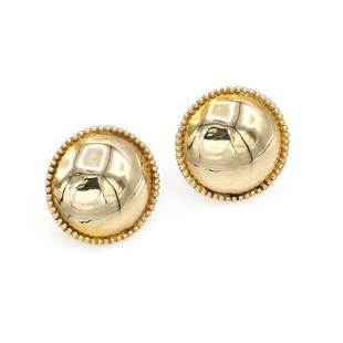 14K Yellow Gold Domed Button Earrings: Earrings in 14k yellow gold featuring a high polished domed design outlined by gold beads. They are 19mm in size and weigh 5.6 grams. wsale03502 ***FREE JEWELRY SHIPPING FOR OUR VIRTUAL ONLINE