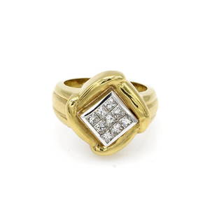 14K Yellow Gold Fancy Invisible Set Diamond Ring: Diamond shaped ring in 14k yellow gold with white gold accents featuring approx 0.75ctw of invisible set diamonds. It is 17mm wide at the top, a size 6.25, and weighs 13.5 grams. ***FREE JEWELRY